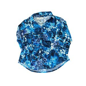 Cheryl‎ Nash Women's XL Blue Floral Print 3/4 Sleeve Button Up Shirt